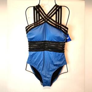New Blue‎ Black One Piece Swimsuit Mesh Midriff Sexy See Thru 673 Size S